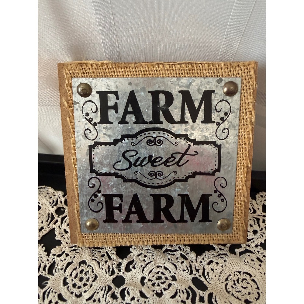 Farm Sweet Farm 4 3/4x4 3/4 Rustic Wood Metal Burlap Wall Decor Sign Shadow Box